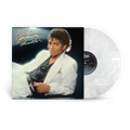 Michael Jackson's 'Thriller' vinyl record album shown with its illustrated cover sleeve and a translucent marbled white record partially pulled out, on a plain white background.