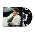Michael Jackson 'Thriller' vinyl record album with the outer cover sleeve on the left and a black-and-white splatter-patterned record partially visible on the right, shown on a light gray background.