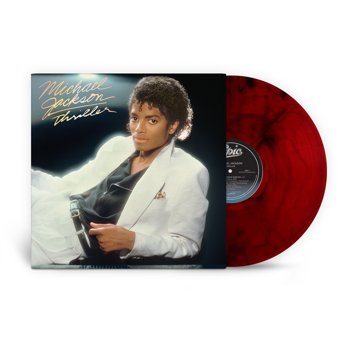Michael Jackson 'Thriller' vinyl record album with the cover art on the left and a translucent red vinyl record partially visible on the right, set against a plain white background.